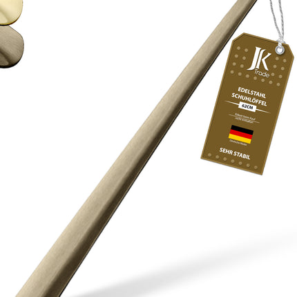 Titelbild mit Farbauswahl & Etikett des Schuhlöffels aus Edelstahl in Vintage, 62 cm Länge