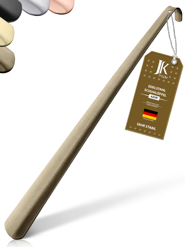 Titelbild mit Farbauswahl & Etikett des Schuhlöffels aus Edelstahl in Vintage, 62 cm Länge