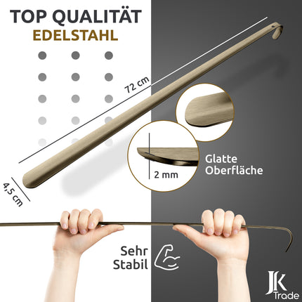 Maßangaben & Materialdetails des Schuhlöffels aus Edelstahl in Vintage, 72 cm Länge
