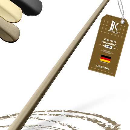 Titelbild mit Farbauswahl & Etikett des Schuhlöffels aus Edelstahl in Vintage, 72 cm Länge