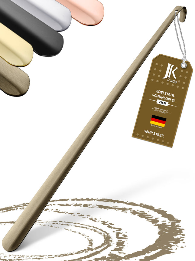 Titelbild mit Farbauswahl & Etikett des Schuhlöffels aus Edelstahl in Vintage, 72 cm Länge