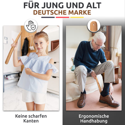 Anwendungsbilder für verschiedene Größen des Schuhlöffels aus Zedernholz, 43 cm Länge