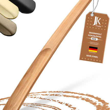 Titelbild mit Farbauswahl & Etikett des Schuhlöffels aus Zedernholz, 43 cm Länge