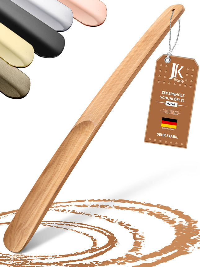 Titelbild mit Farbauswahl & Etikett des Schuhlöffels aus Zedernholz, 43 cm Länge