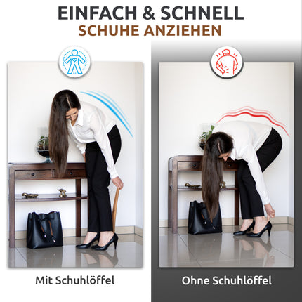 Vergleich mit und ohne Schuhlöffel des Schuhlöffels aus Zedernholz, 43 cm Länge