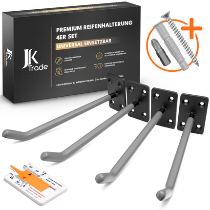 JK Trade Reifen Wandhalterung grau 4er Set inkl. Schrauben und Dübel – stabile Felgenhalterung aus Stahl