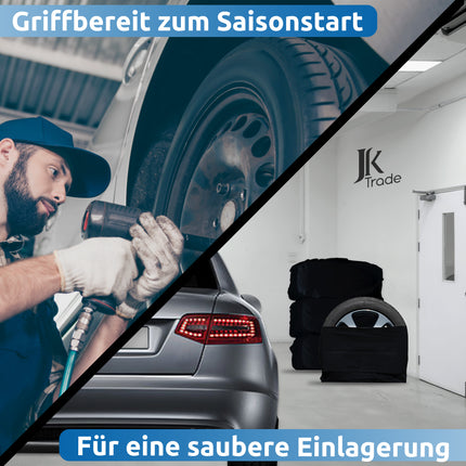 Anwendung der JK Trade Reifentaschen schwarz 16–20 Zoll bei der Reifeneinlagerung nach dem Räderwechsel
