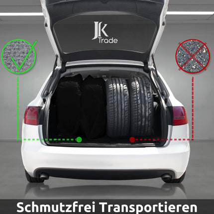 Verstaute Reifen im Kofferraum mit JK Trade Reifentaschen schwarz – sicher und sauber transportiert