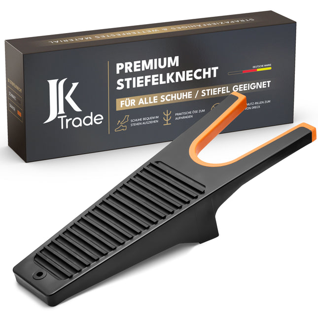 JK Trade Stiefelknecht orange mit Verpackung – ergonomischer Schuhauszieher mit Gummierung und Fersenschutz